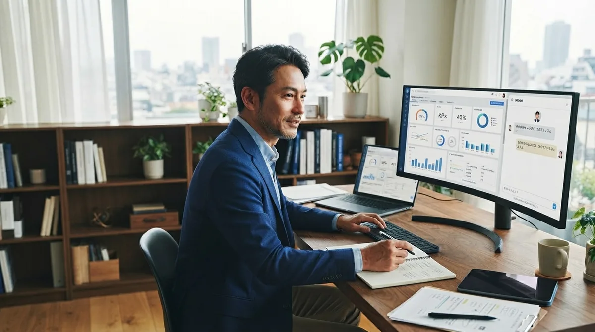 AI右腕との会話画面を見ながら、実務を進める経営者